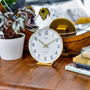 Brass desk clock on wooden dresser surrounded by multicolored plants with mirror in background.