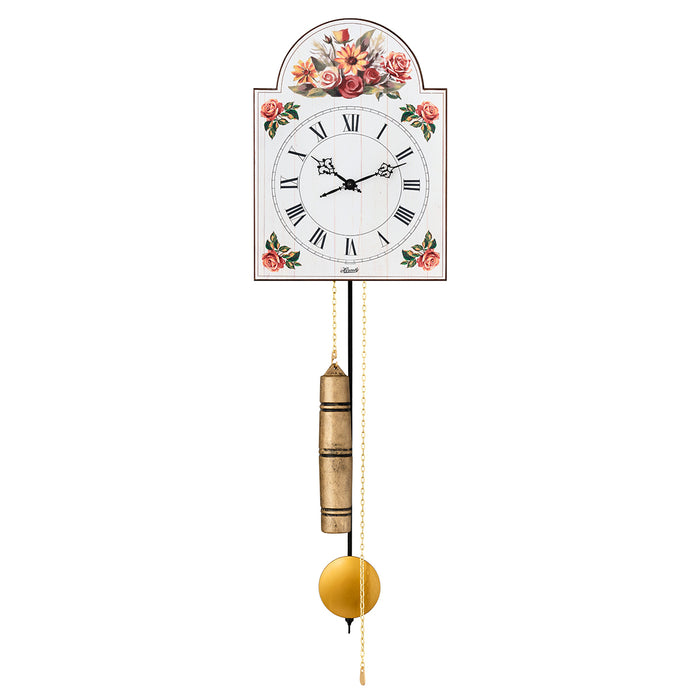 Wall clock with floral pattern brass pendulum on white background.