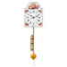 Wall clock with floral pattern brass pendulum on white background.