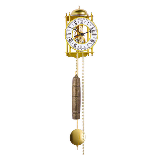 Brass skeleton clock with bell and roman numeral face on white background.