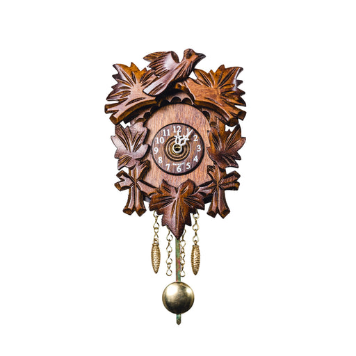 Small wooden cuckoo clock with carved leaves and bird on white background.
