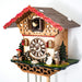 Close up of detailed cuckoo clock with wooden roman numeral face and small owl figures