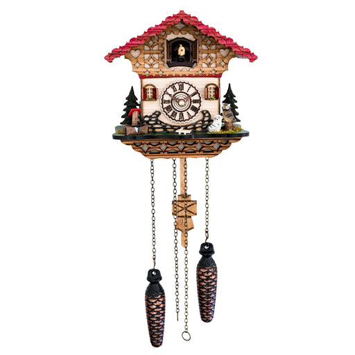 Detailed decorative cuckoo clock with red roof and small owls beside a roman numeral face