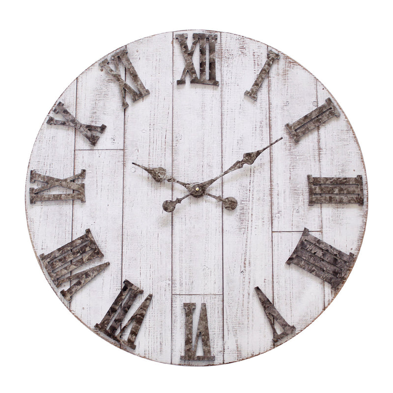 Rustic wood wall clock with metal hands and roman numerals on white background.