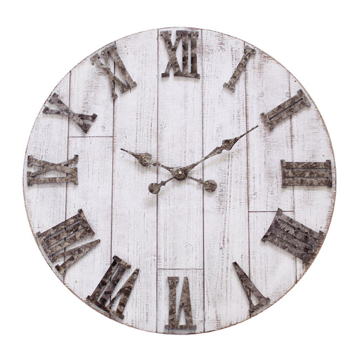 Rustic wood wall clock with metal hands and roman numerals on white background.