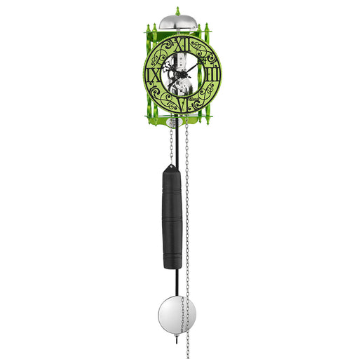 Green skeleton clock with intricate face on white background