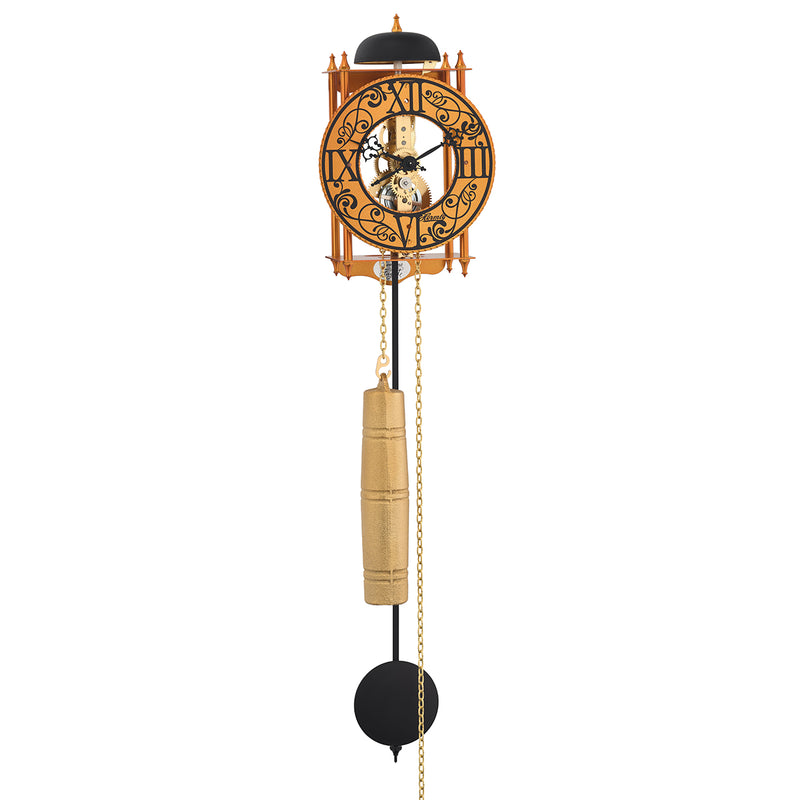Orange skeleton clock with intricate face on white background