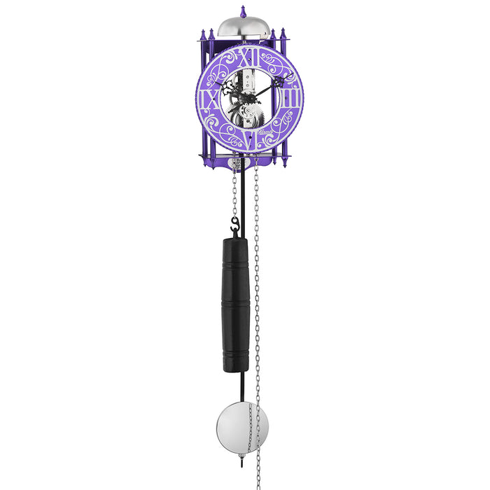 Purple skeleton clock with intricate face on white background