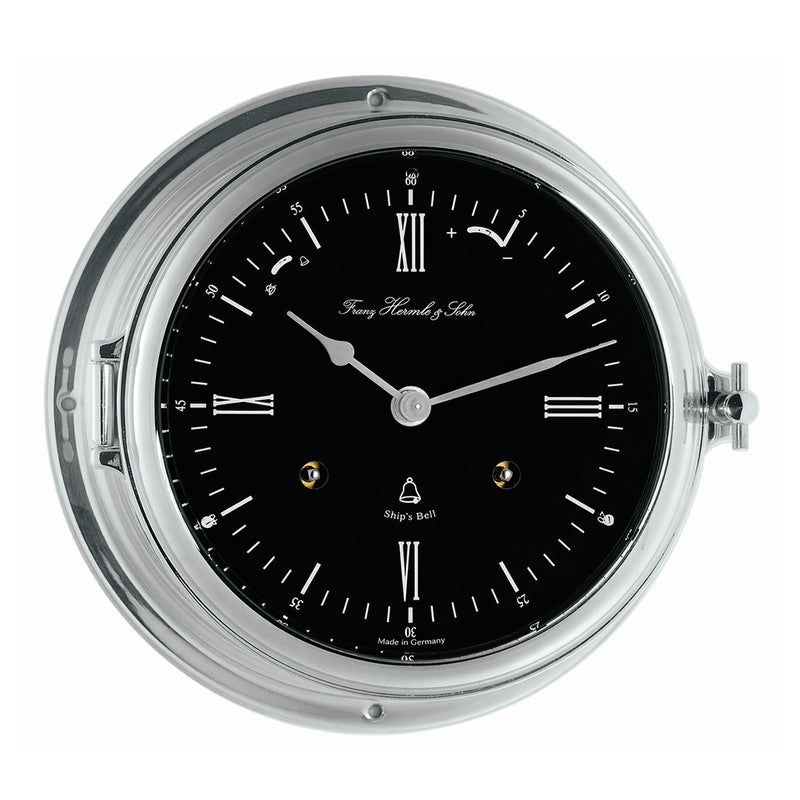 Caspian ship's bell clock - nickel with black clock face