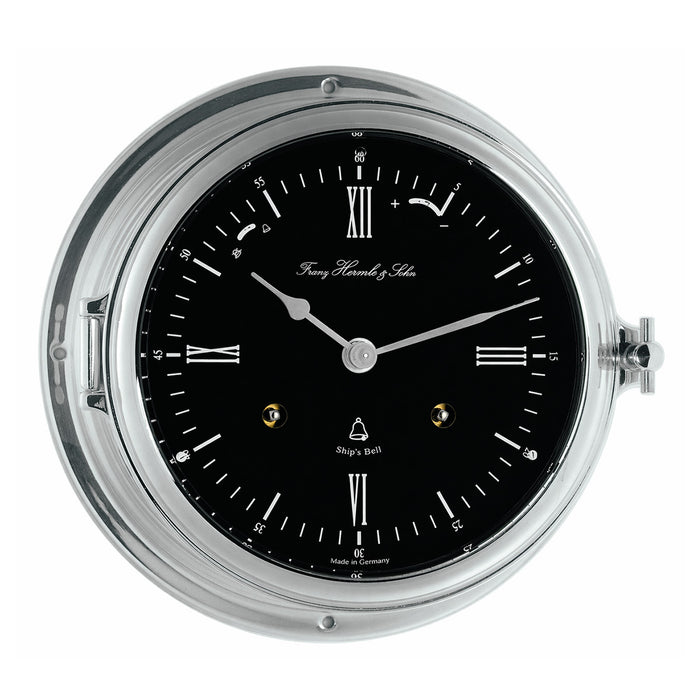Caspian ship's bell clock - nickel with black clock face
