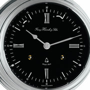 Caspian ship's bell clock - nickel with black clock face - close-up