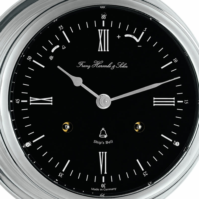 Caspian ship's bell clock - nickel with black clock face - close-up