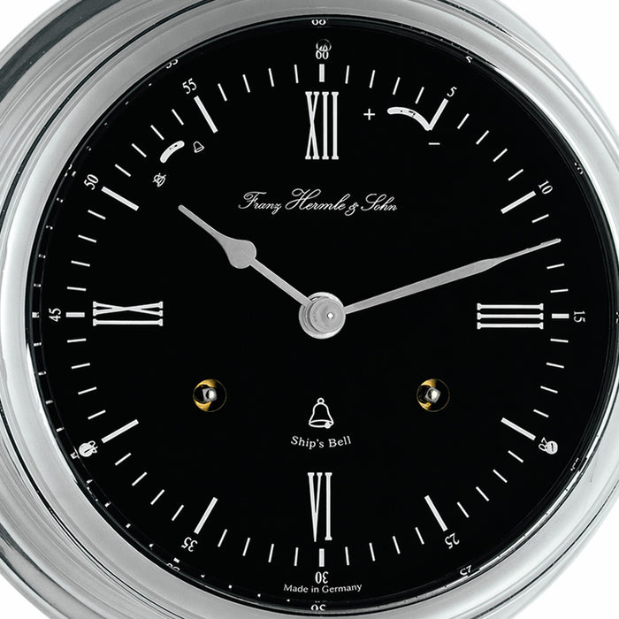 Caspian ship's bell clock - nickel with black clock face - close-up