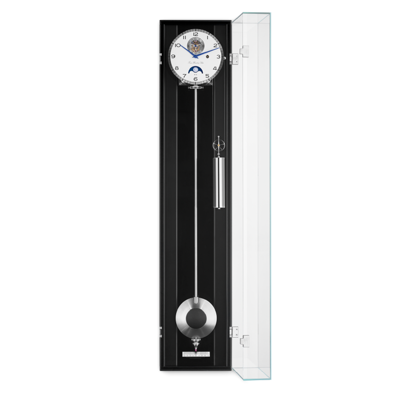 Black luxury wall clock with pendulum in clear glass case on a white background.
