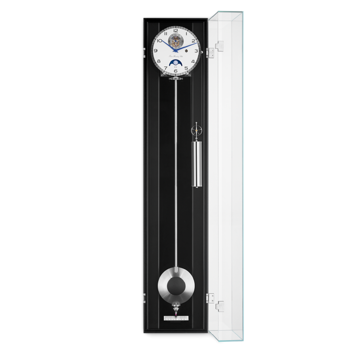Black luxury wall clock with pendulum in clear glass case on a white background.