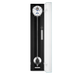 Black luxury wall clock with pendulum in clear glass case on a white background.
