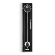 Black wall clock with silver pendulum on a white background