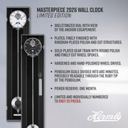 Hermle Masterpiece 2026 wall clock with detailed specifications on a gray background
