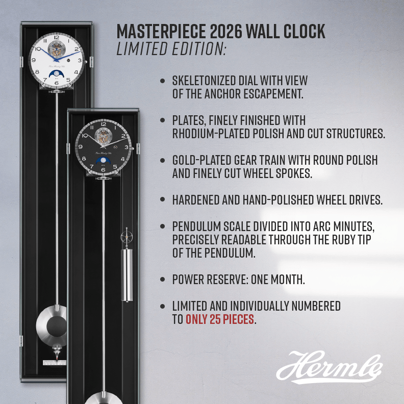 Hermle Masterpiece 2026 wall clock with detailed specifications on a gray background