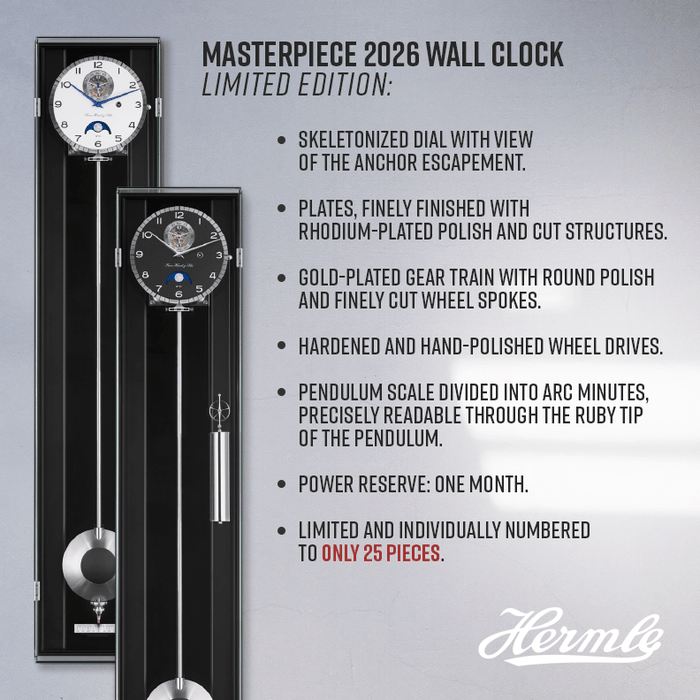 Hermle Masterpiece 2026 wall clock with detailed specifications on a gray background