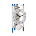 Silver and blue mechanical clock with glass face on white background