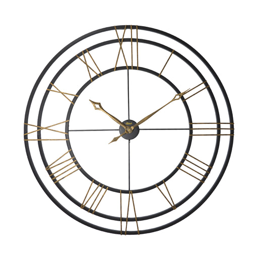 Large round wall clock with black frame and gold Roman numerals on a white background