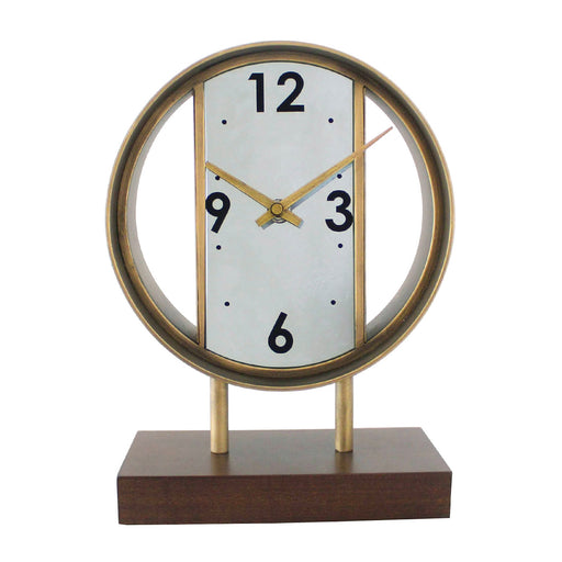 Decorative desk clock with mirrored face and wooden base on white background. 