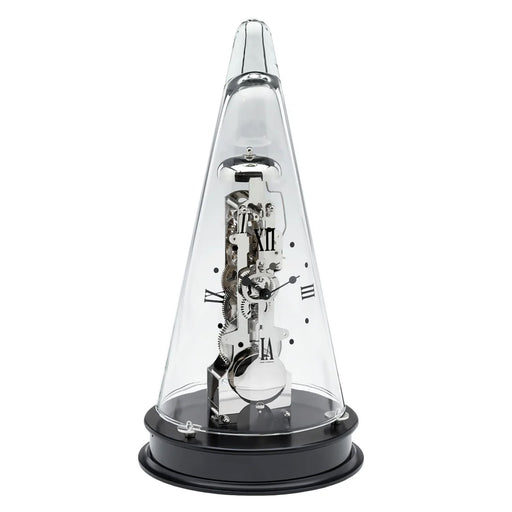 Conical decorative clock with silver gearing visible beneath glass dome, sitting on black base