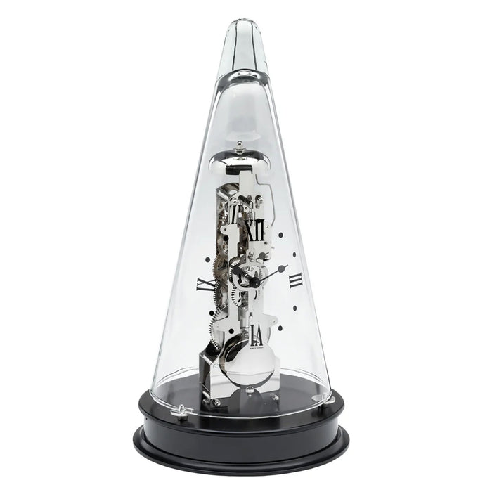 Conical decorative clock with silver gearing visible beneath glass dome, sitting on black base
