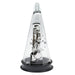 Conical decorative clock with silver gearing visible beneath glass dome, sitting on black base
