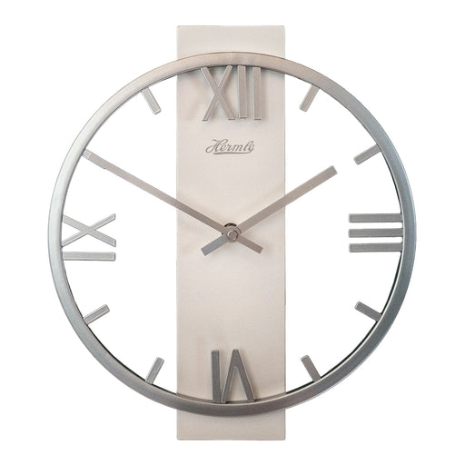 Metal clock with roman numerals and open frame design on white background.