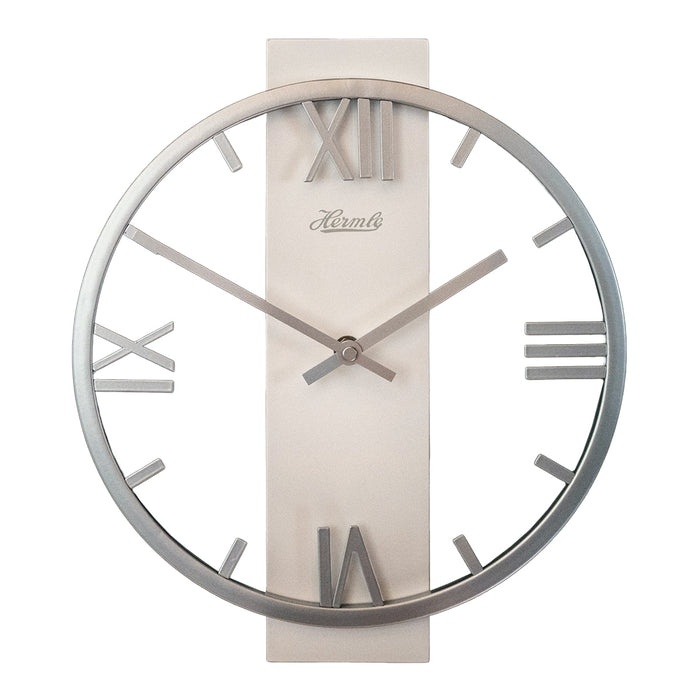 Metal clock with roman numerals and open frame design on white background.