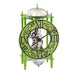 Green skeleton desk clock with roman numeral face and exposed silver gears on white background.