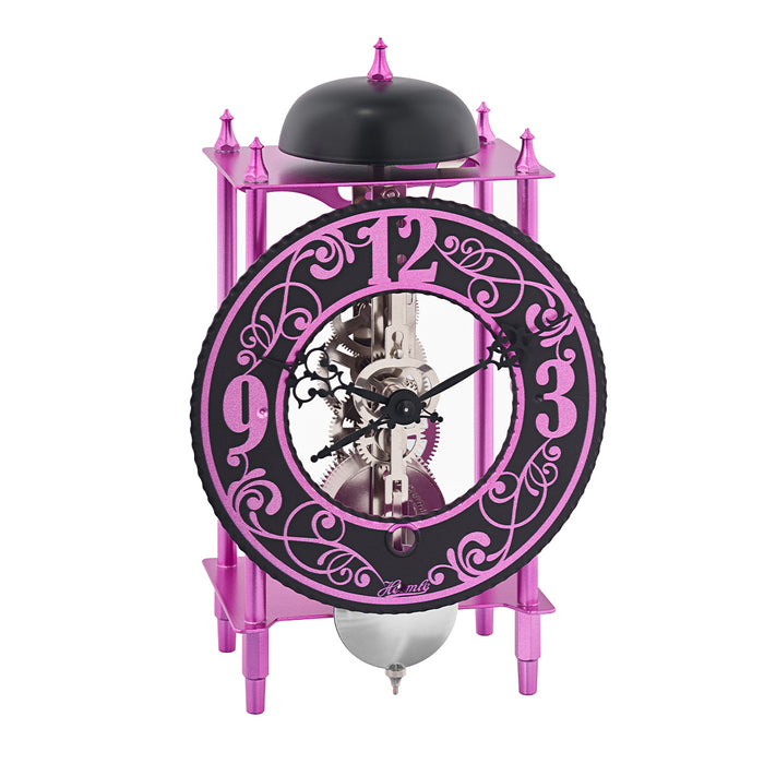 Purple skeleton desk clock with ornate face and exposed silver gears on white background.