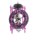 Purple skeleton desk clock with ornate face and exposed silver gears on white background.