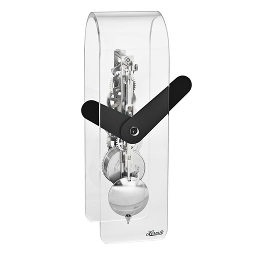 Clear acrylic desk clock with visible silver gearing inside and black hands