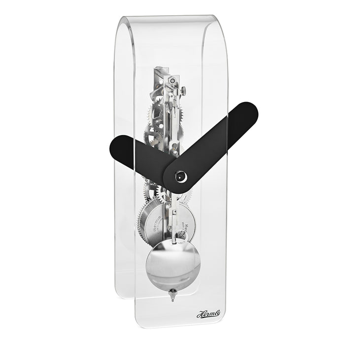 Clear acrylic desk clock with visible silver gearing inside and black hands