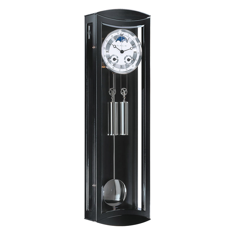 Black and silver wall clock with blue moon dial and dual weights on white background.