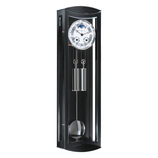 Black and silver wall clock with blue moon dial and dual weights on white background.