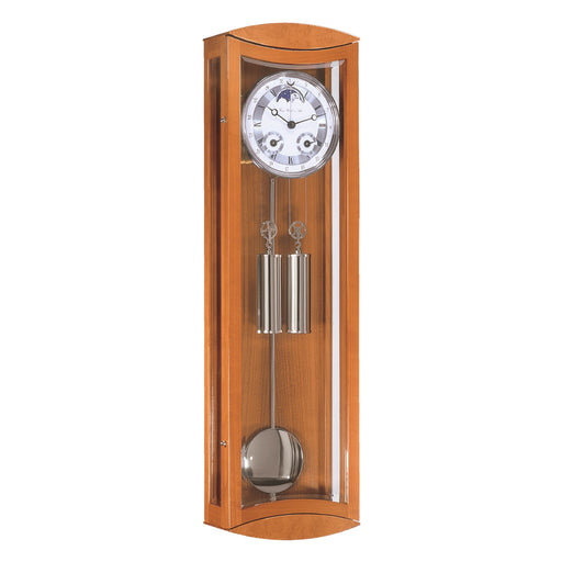 Cherry wood and silver wall clock with blue moon dial and dual weights on white background.