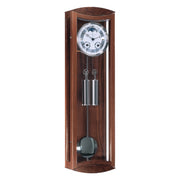 Mahogany wood and silver wall clock with blue moon dial and dual weights on white background.