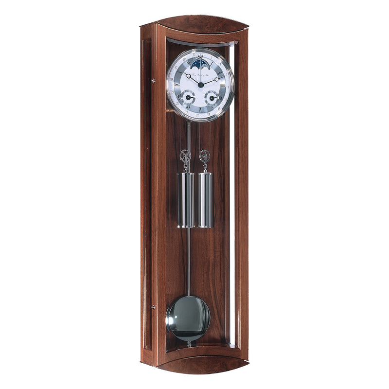 Mahogany wood and silver wall clock with blue moon dial and dual weights on white background.