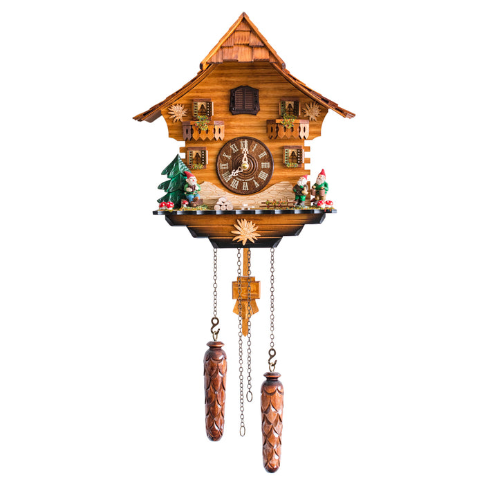 Front view of intricate wooden cuckoo clock with gnomes and detailed tree on white background 