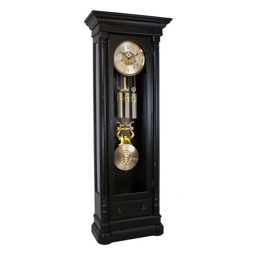 Black grandfather clock with brass and nickel accents on a white background
