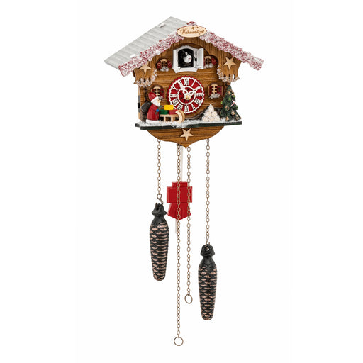 Christmas themed wooden cuckoo clock with wooden Santa figurine and snowy roof on white background.