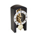 Mechanical clock with black casing and silver face on a white background