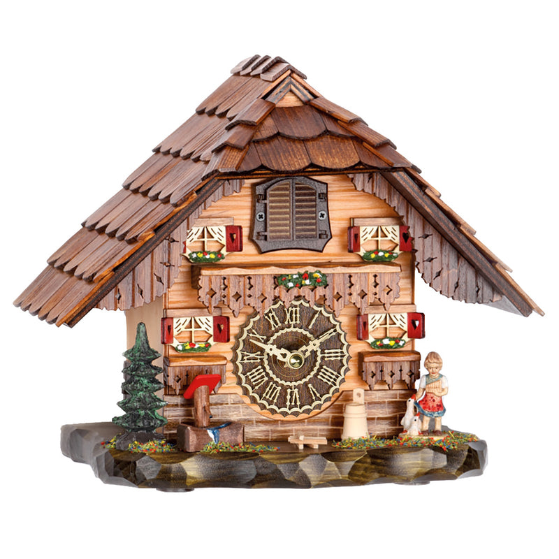 Cuckoo clock with wooden shingles, red shutters and girl with ducks figurine on white background.