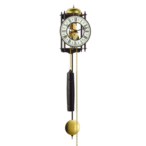 Black skeleton clock with brass mechanical movement and pendulum on white background