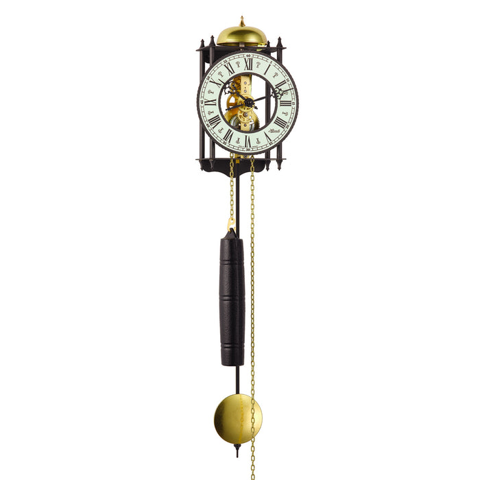 Black skeleton clock with brass mechanical movement and pendulum on white background