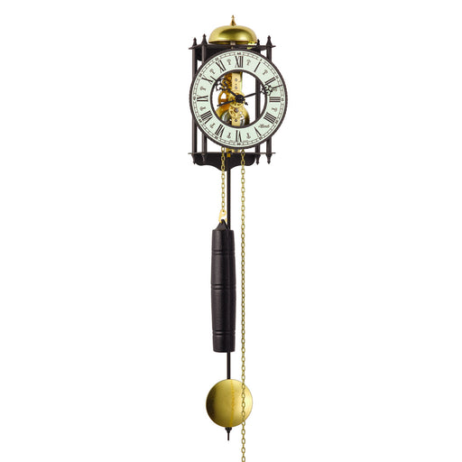 Black skeleton clock with brass mechanical movement and pendulum on white background
